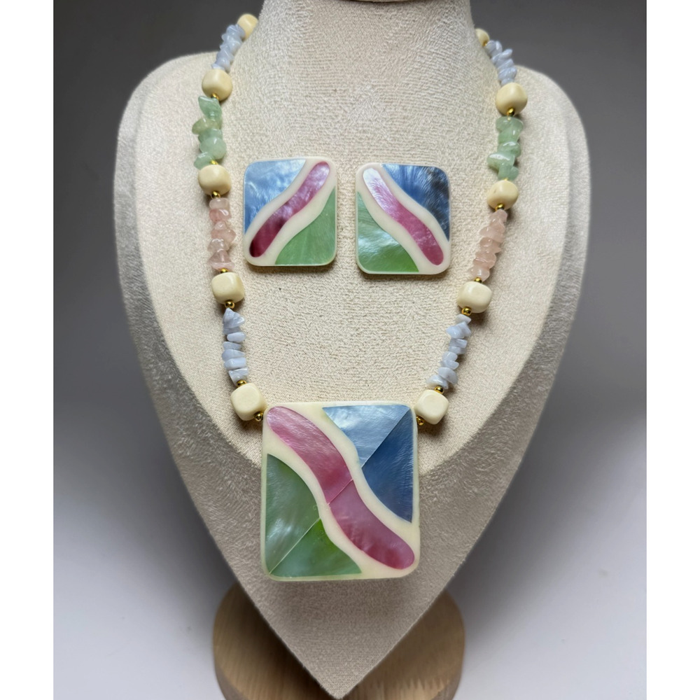 Retro 1980's MOP Inlay Bold Necklace & Earring Set Colorful Pastel Chunky Lucite - Picture 7 of 7